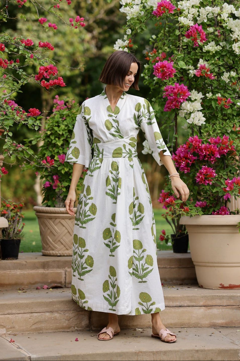 Como Wrap Dress M / Green Flower